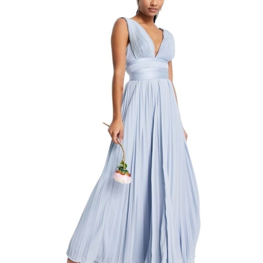 ASOS Women's Blue Pleated V Neck Satin Wrap Waist Cami Maxi Dress Petite Size 00
